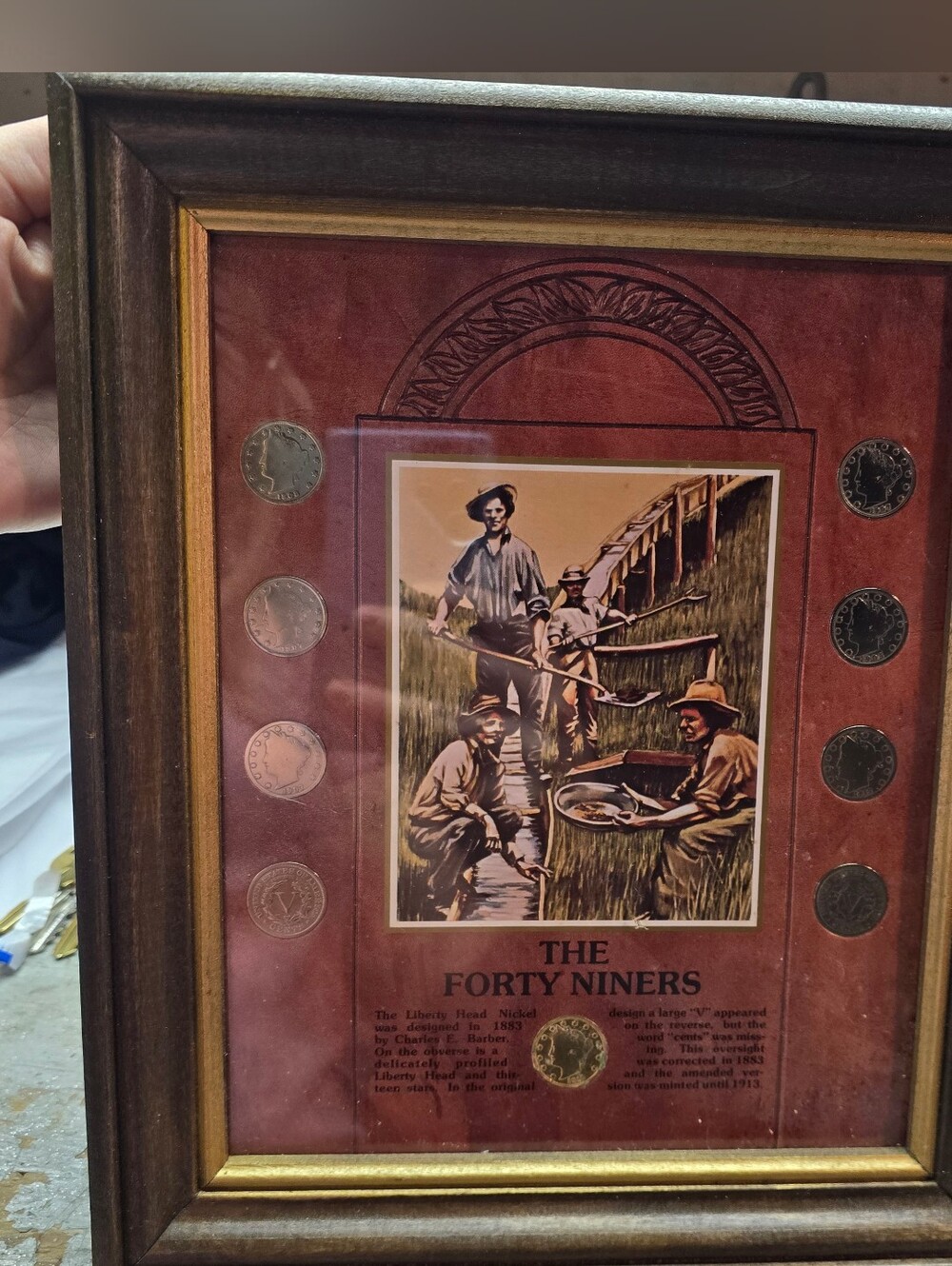 Framed "The Forty Niners": Eight Liberty Nickels and Gold Plated Nickel